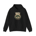 Black unisex pullover hoodie with “Plant More Trees” tree graphic and front pocket