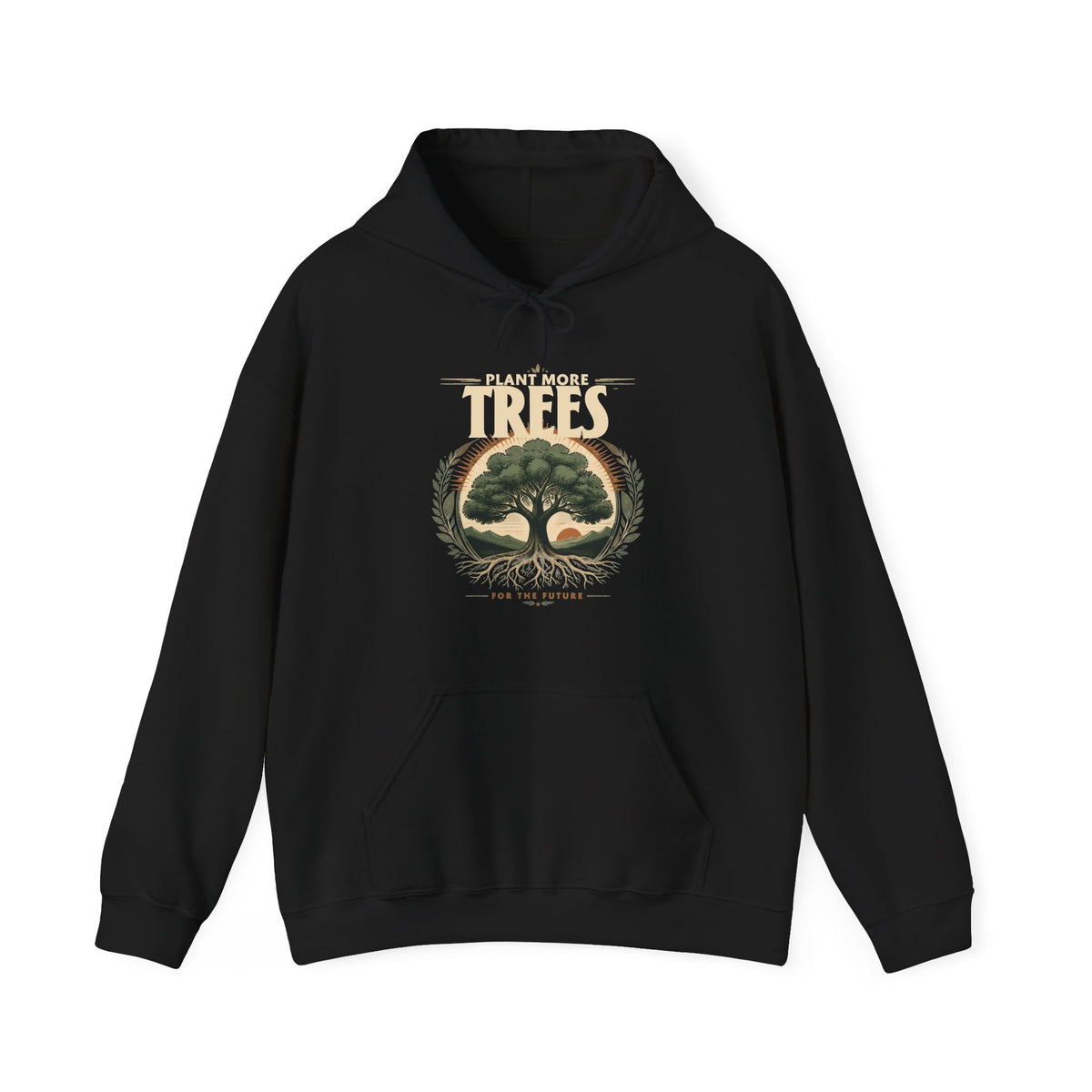 Black unisex pullover hoodie with “Plant More Trees” tree graphic and front pocket