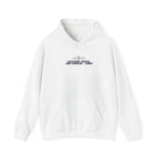 White hoodie sweatshirt with front pocket and drawstring hood, small chest logo text.
