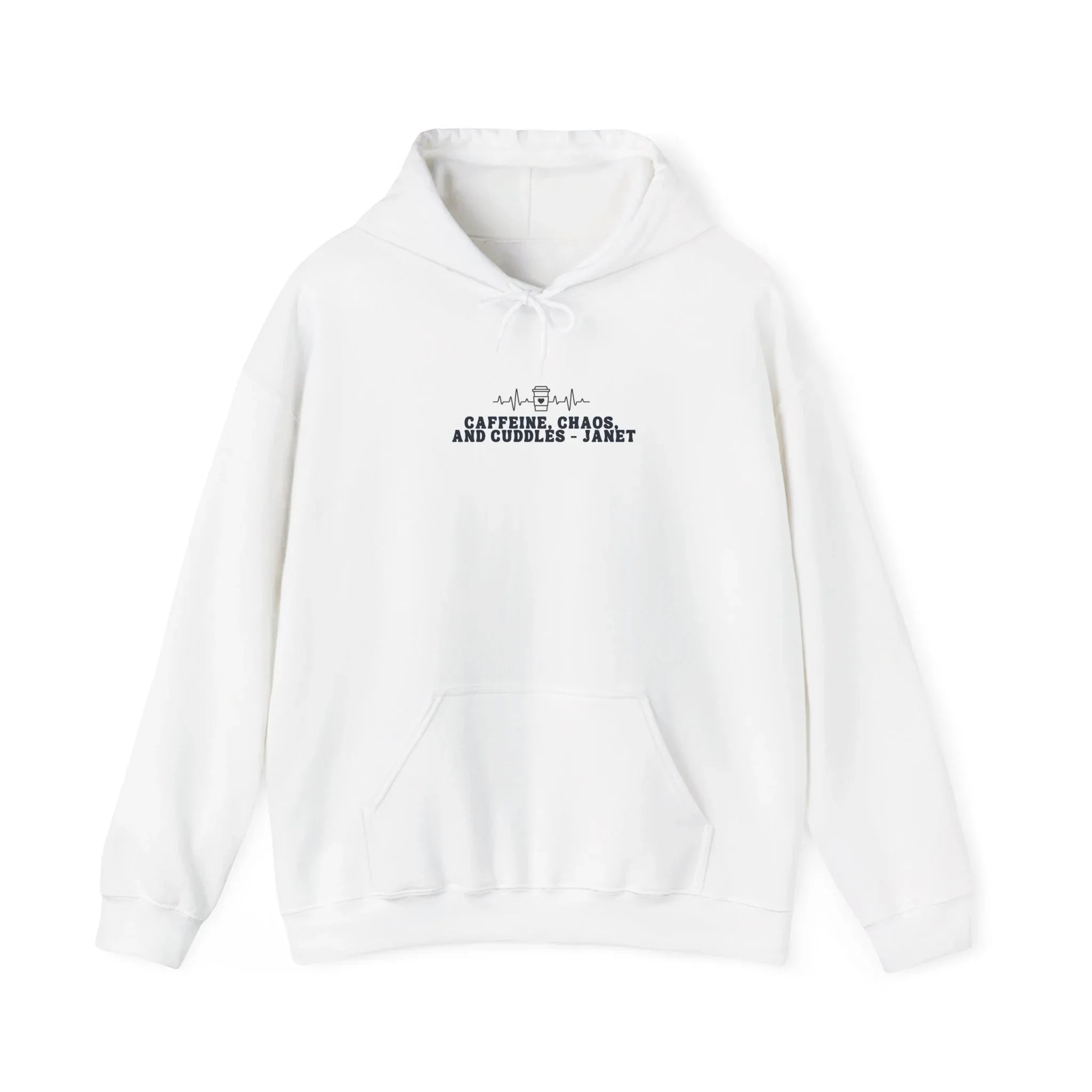 White hoodie sweatshirt with front pocket and drawstring hood, small chest logo text.
