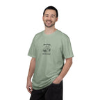 Sage green T-shirt with small black “Mentally” mountain logo and “Off the Grid”