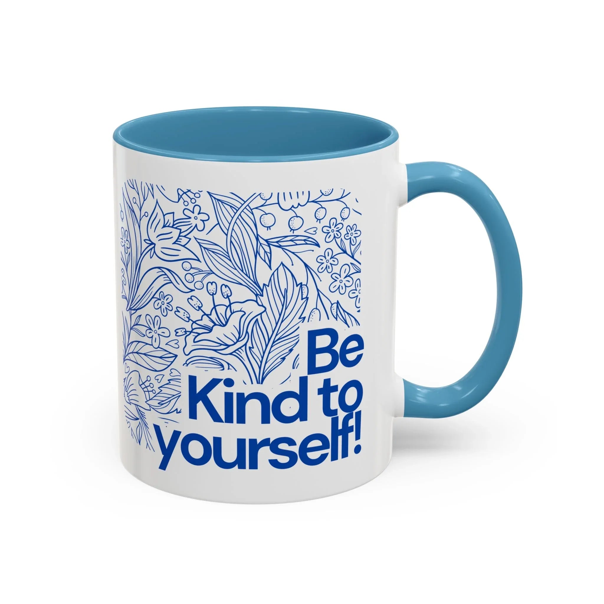Light blue accent coffee mug with blue floral line art and 'Be Kind to yourself!' wording