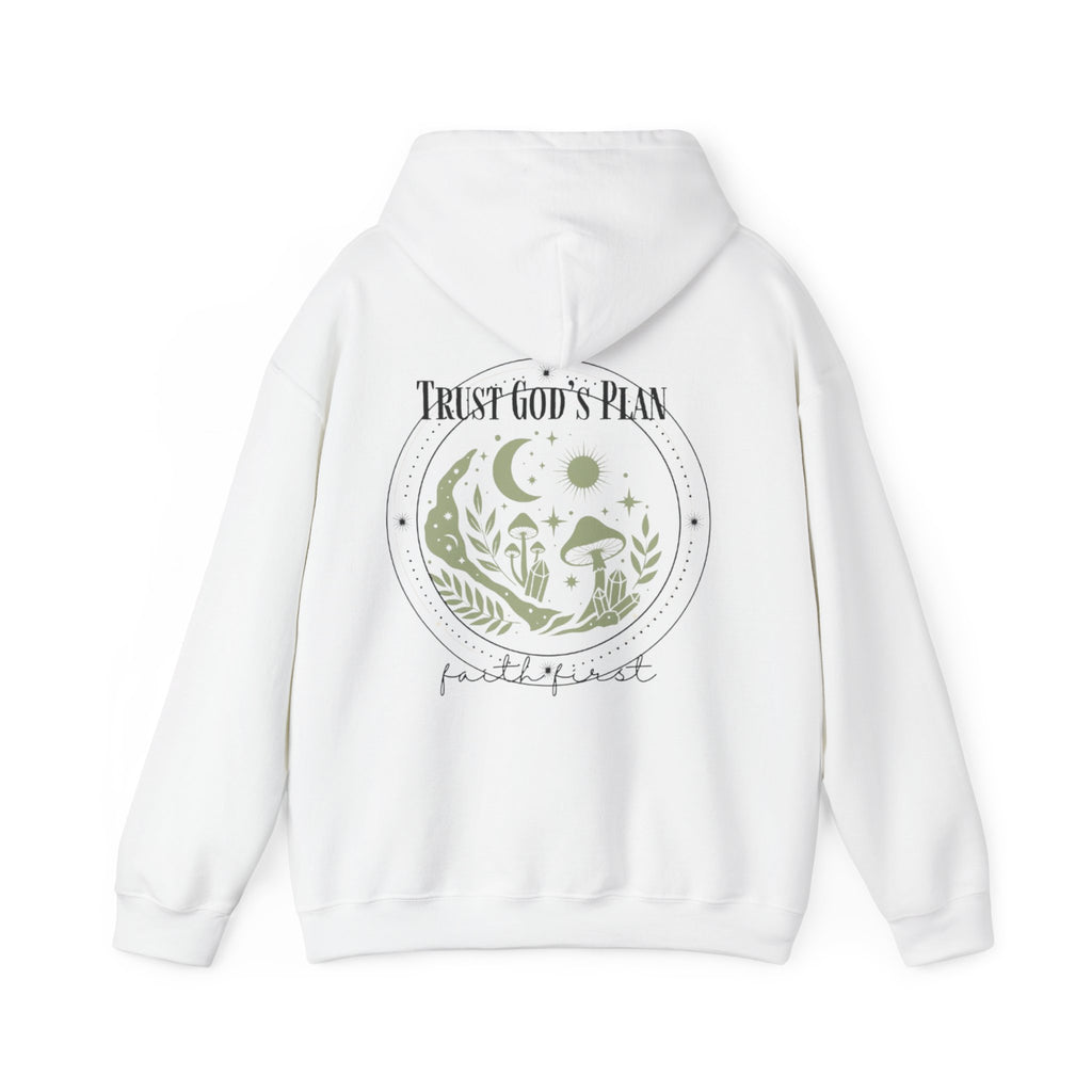 White pullover hoodie, back graphic print with moon and “Trust God’s Plan”