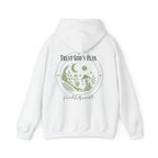 White pullover hoodie, back graphic print with moon and “Trust God’s Plan”