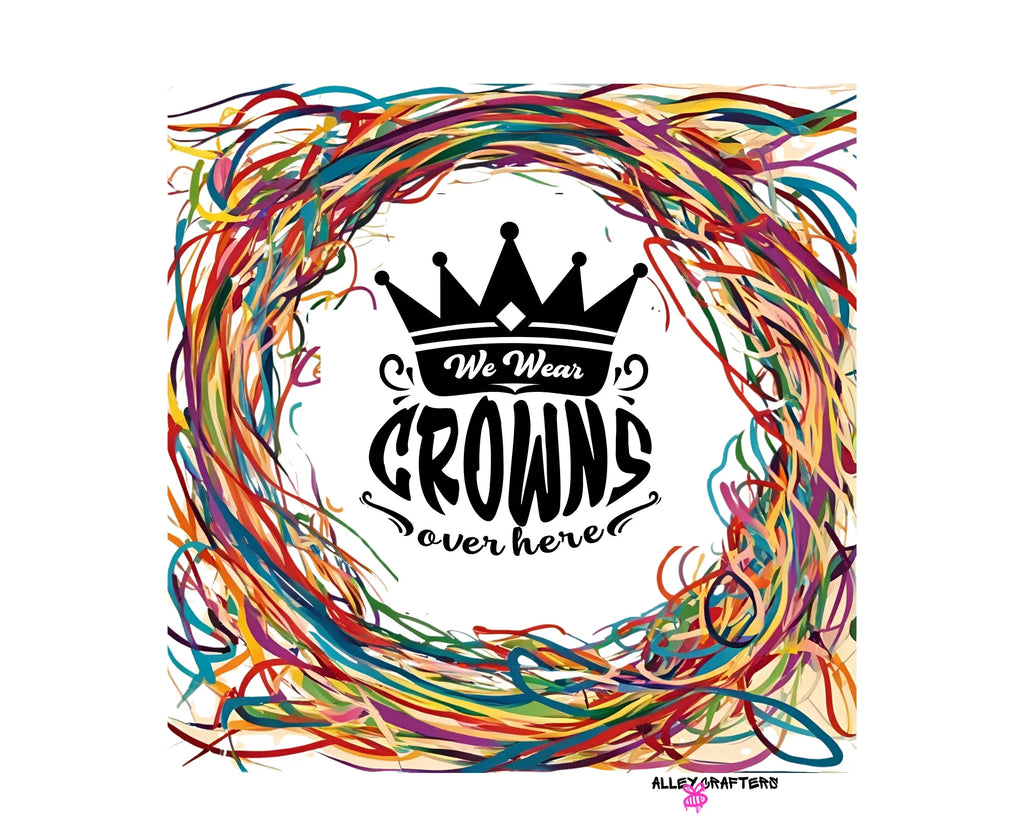 Front of white tote bag with black crown emblem and multicolor tangle border