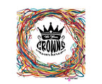 Front of white tote bag with black crown emblem and multicolor tangle border