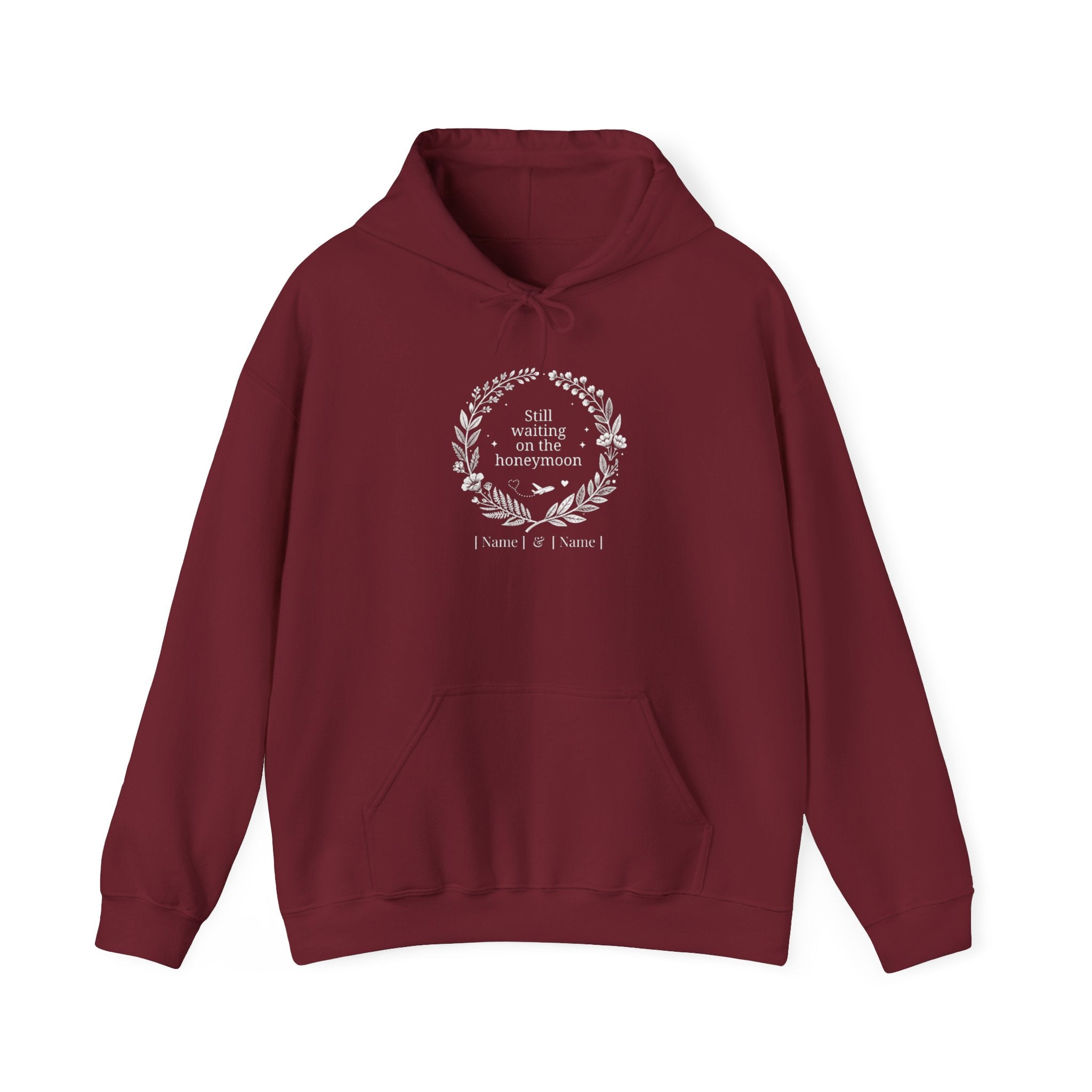 Garnet personalised couples hoodie with front pouch pocket and honeymoon wreath print