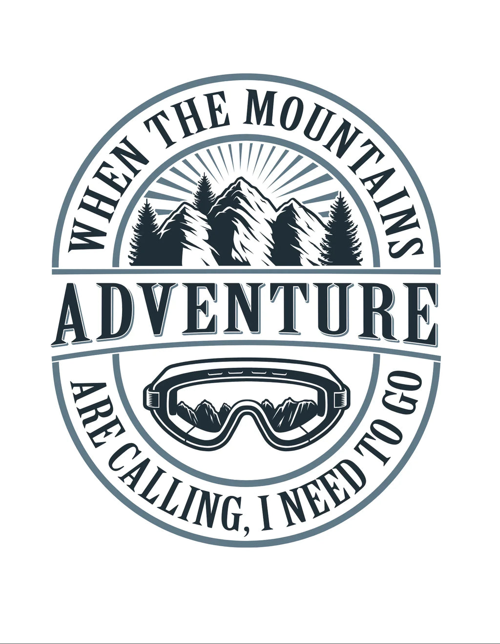 Close-up of circular “Adventure” mountain graphic with text around the logo.
