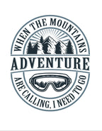 Close-up of circular “Adventure” mountain graphic with text around the logo.