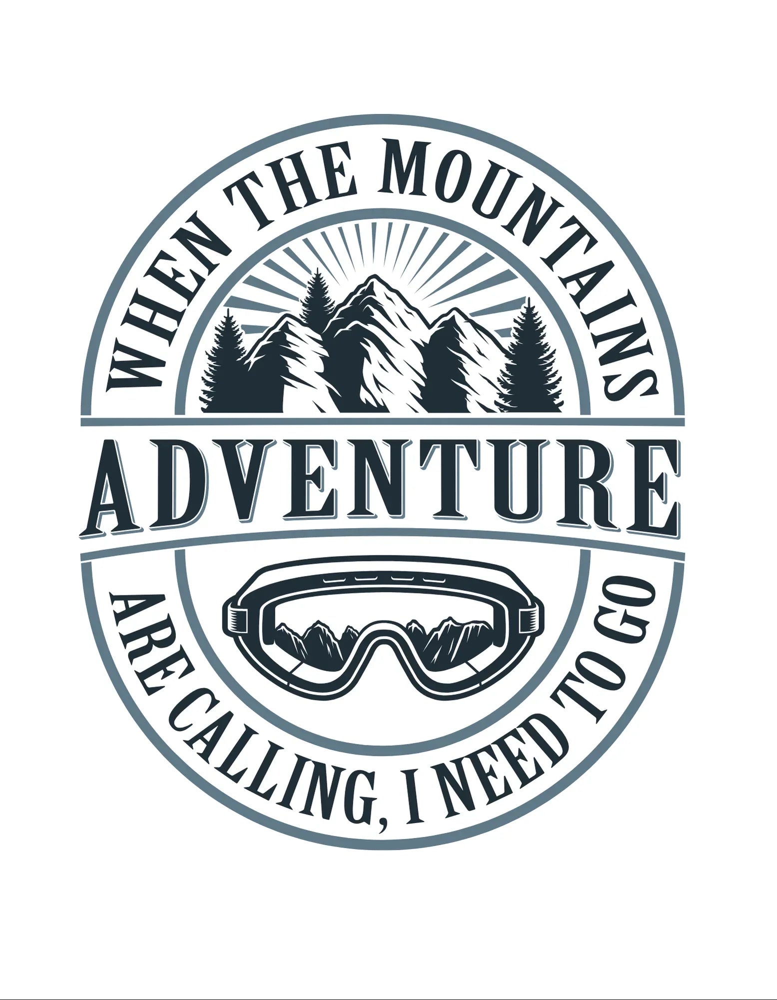 Close-up of circular “Adventure” mountain graphic with text around the logo.