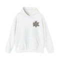White pullover hoodie with small chest logo and front pouch pocket