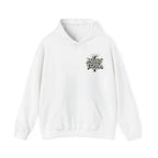 White pullover hoodie with small chest logo and front pouch pocket