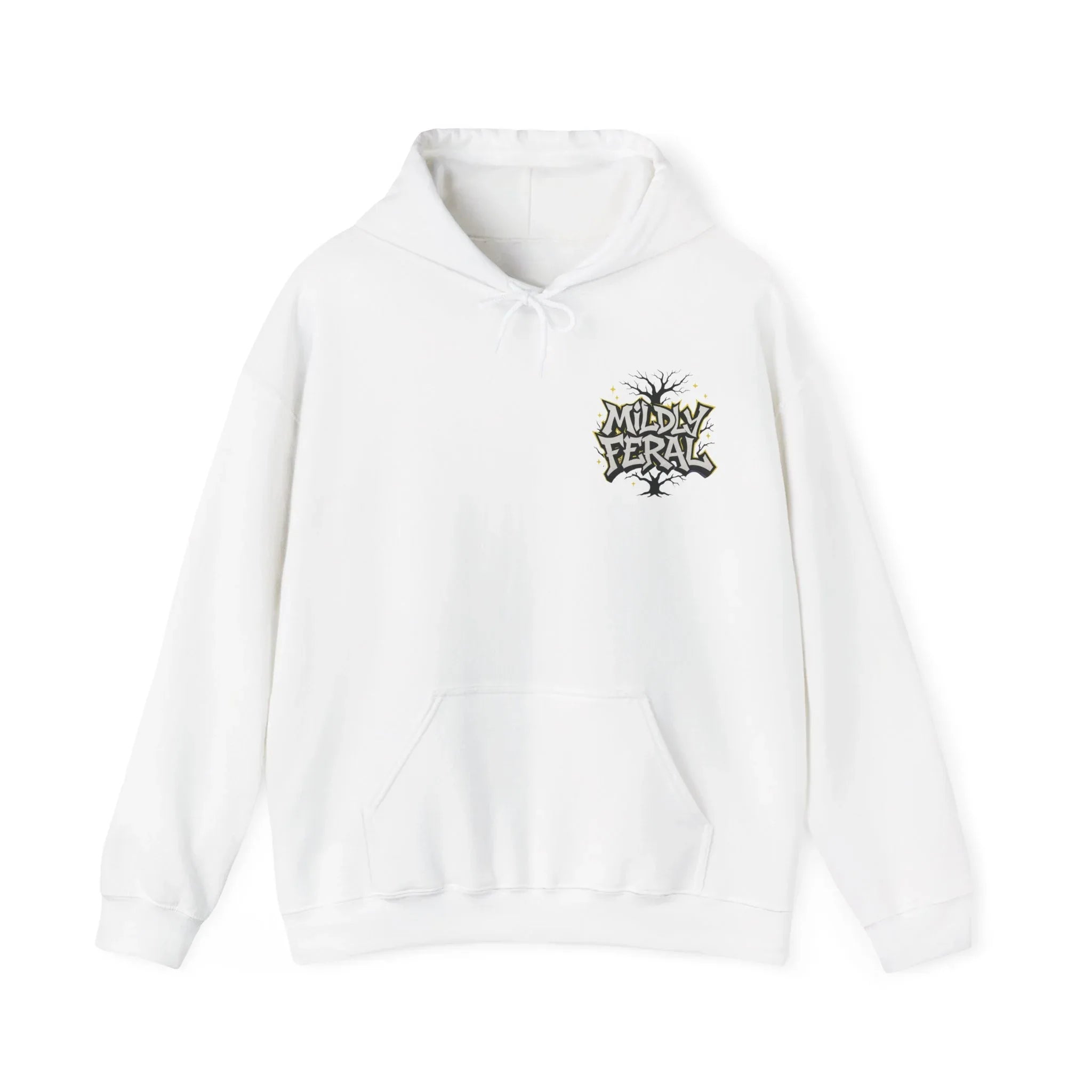 White pullover hoodie with small chest logo and front pouch pocket