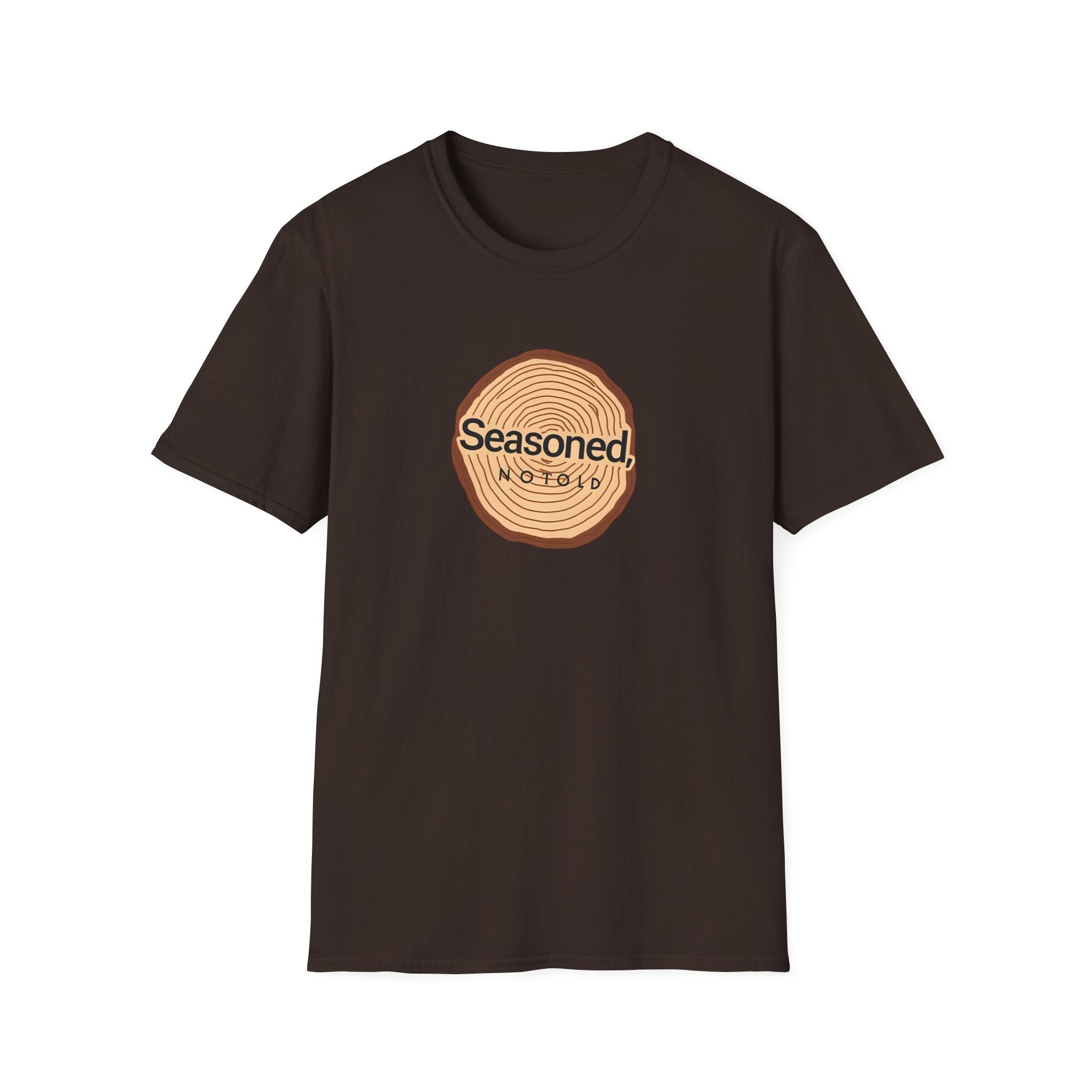 Dark chocolate crew-neck T-shirt with circular tree-ring badge graphic reading 'Seasoned'
