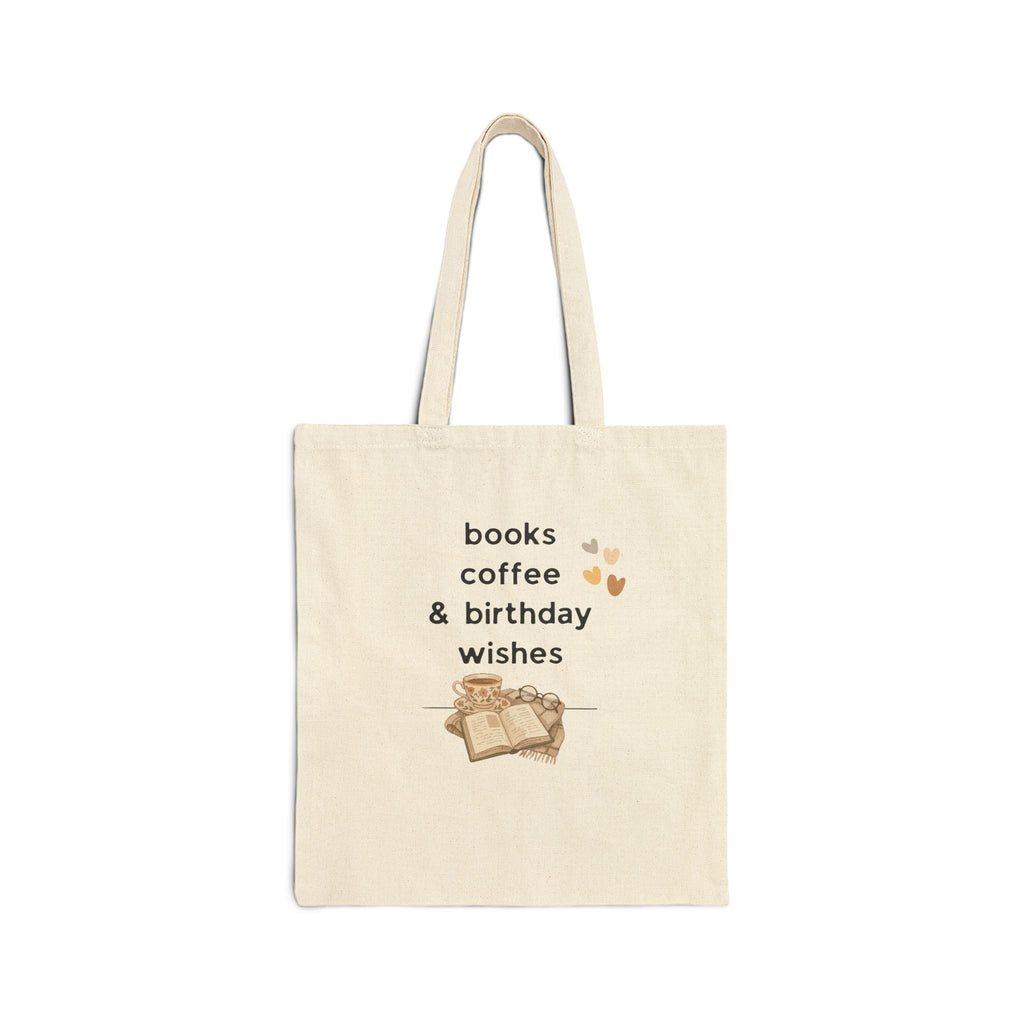 Natural canvas square tote bag with 'books coffee & birthday wishes' lettering and book icon