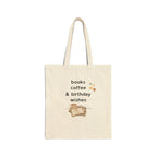 Natural canvas square tote bag with 'books coffee & birthday wishes' lettering and book icon