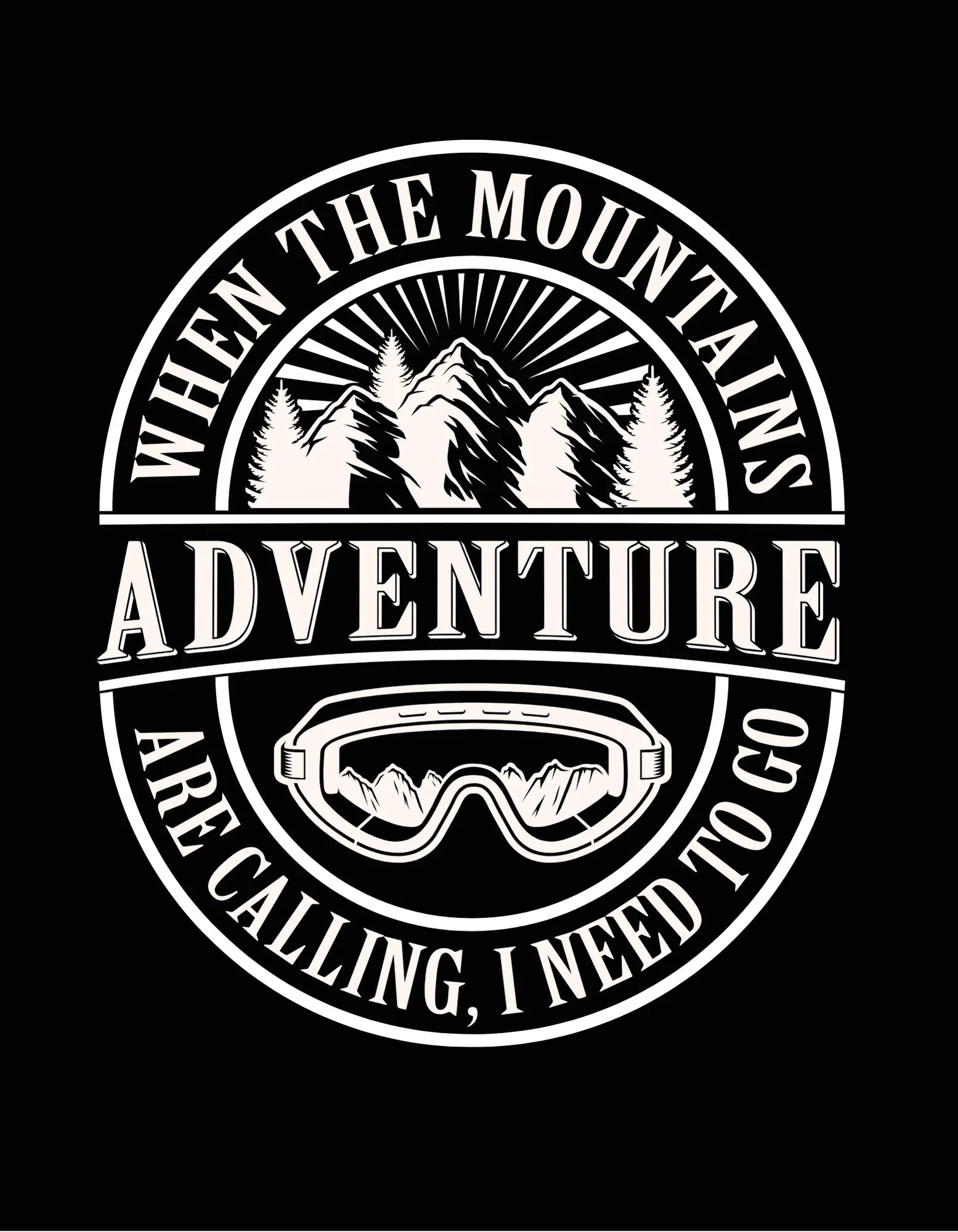 Black pullover hoodie front with large circular mountain “Adventure” logo.