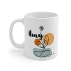 White ceramic mug with personalized Amy name and floral swirl plus bowl graphic.