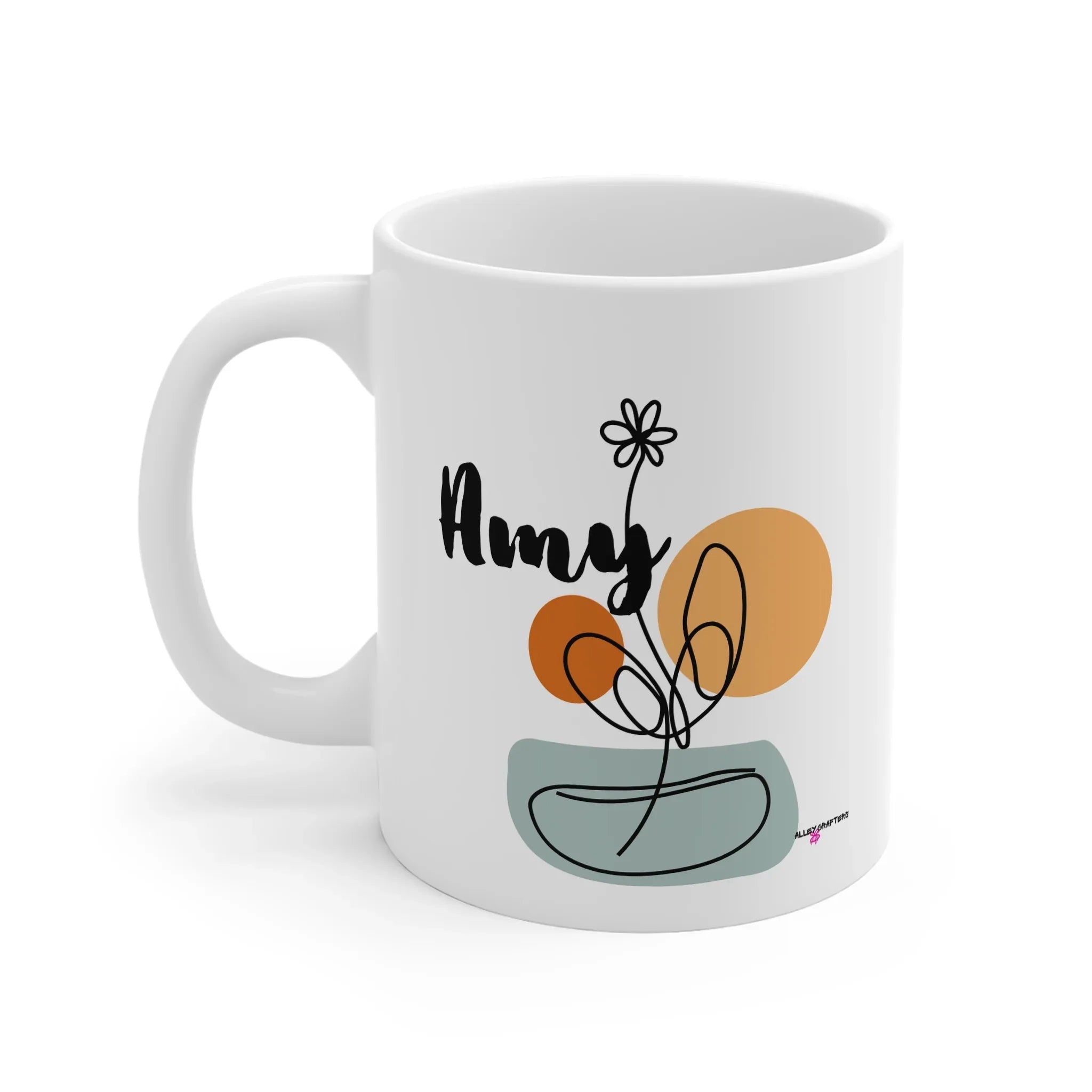 White ceramic mug with personalized Amy name and floral swirl plus bowl graphic.