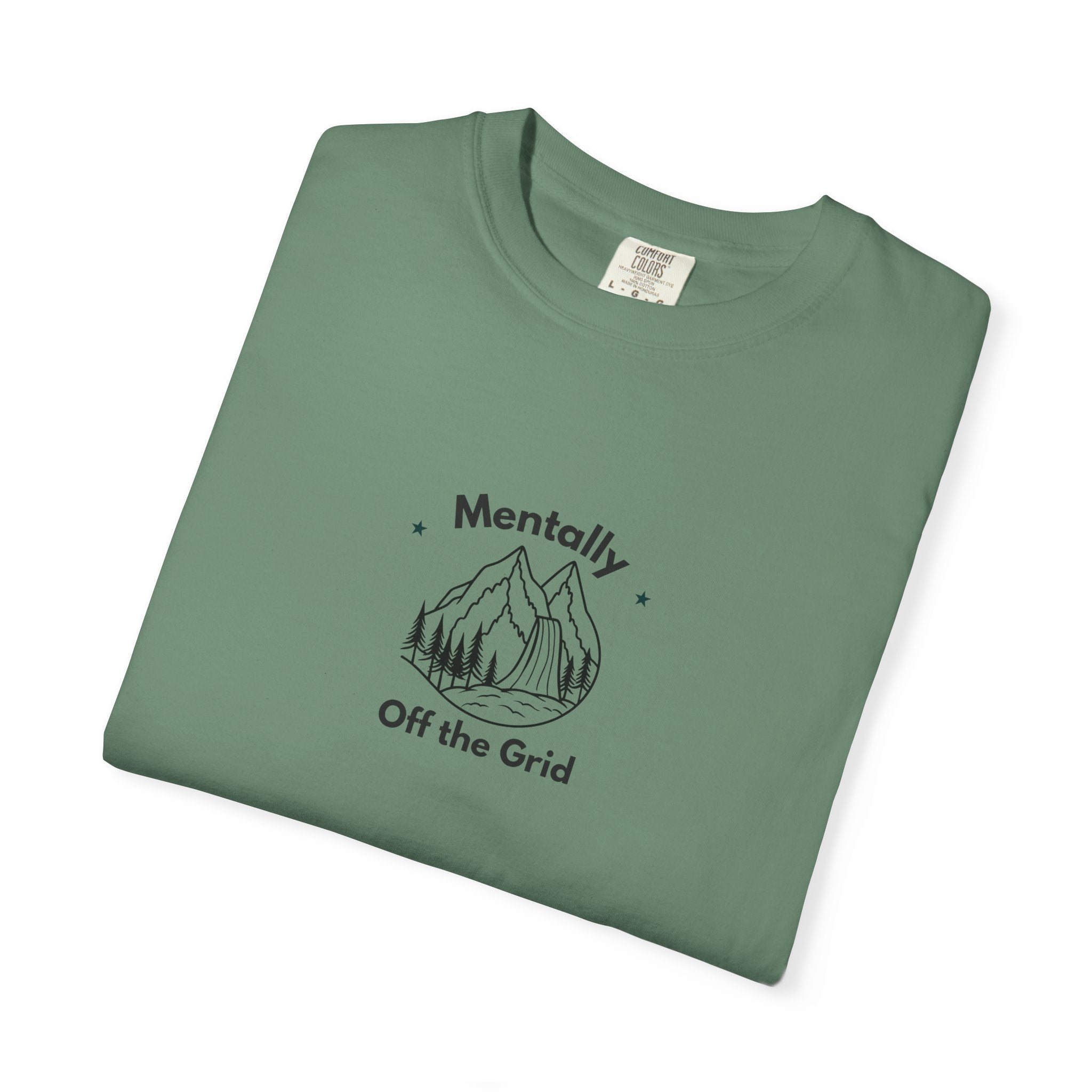 Green T-shirt with black “Mentally” mountain graphic and “Off the Grid” text