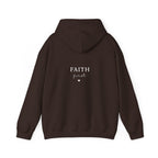 Dark brown hoodie sweatshirt with pullover hood and 'FAITH' back logo