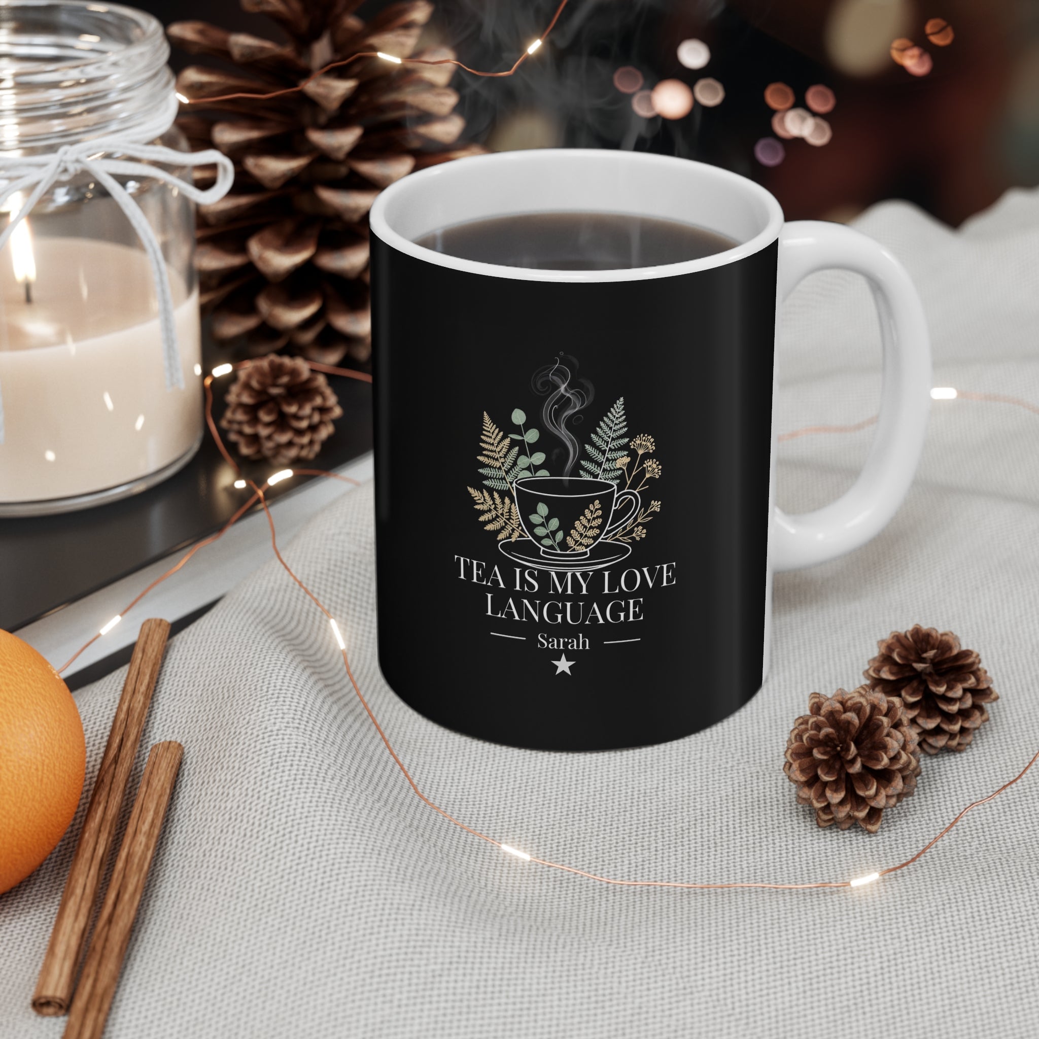 Personalized black tea mug with floral cup design, “Tea Is My Love Language” Sarah
