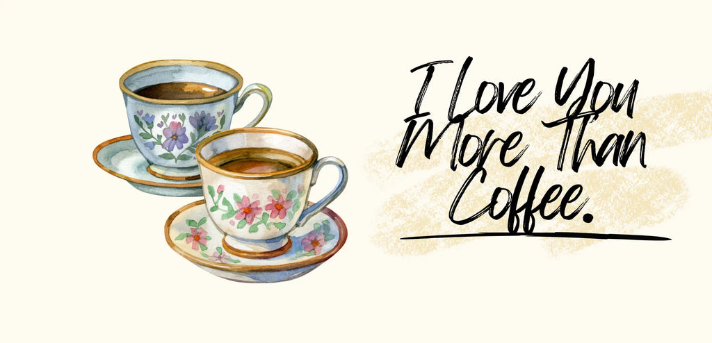 Coffee mug set illustration with two cups and saucers and text “I Love You More Than Coffee”