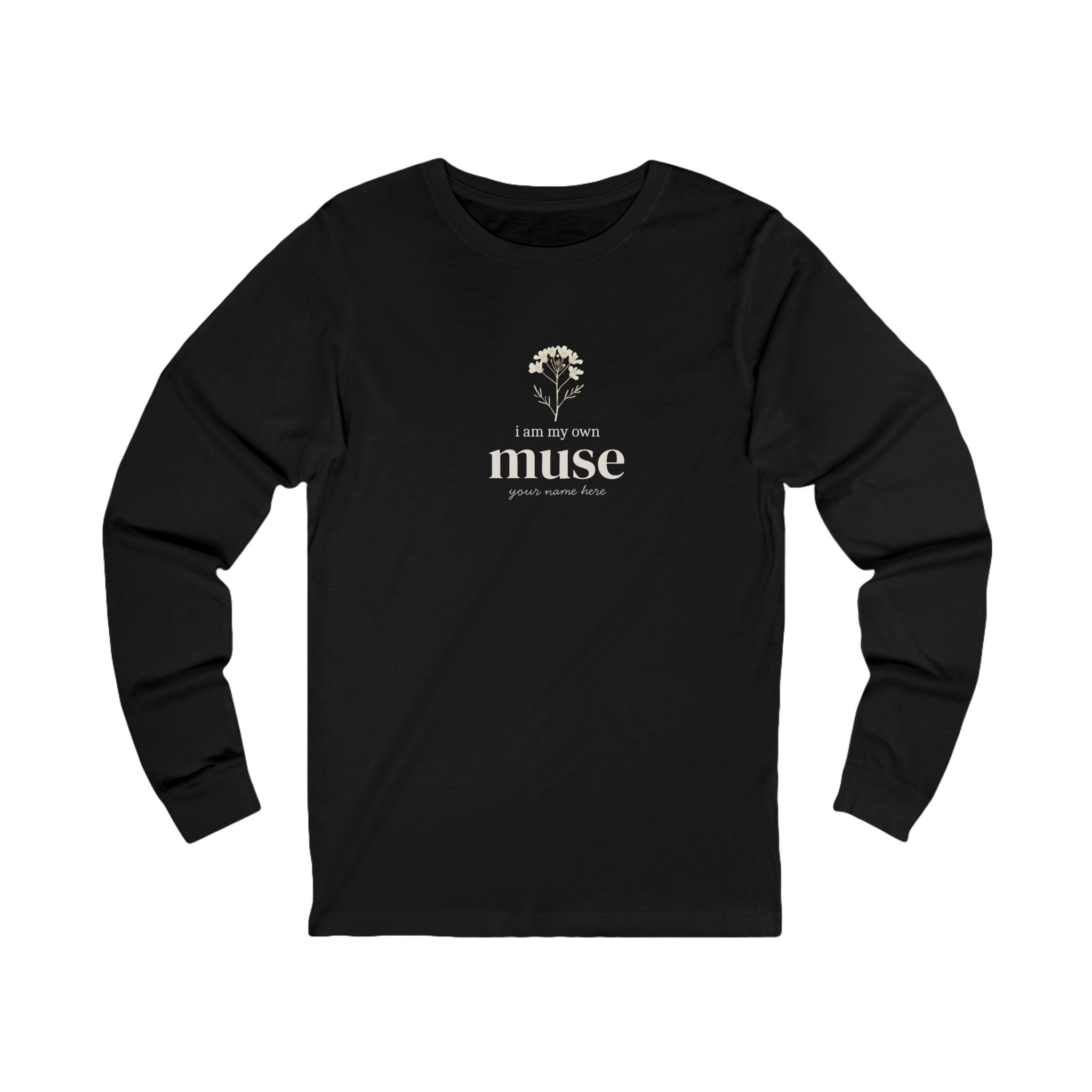 Black long sleeve T-shirt with 'muse' slogan and tree logo on the front