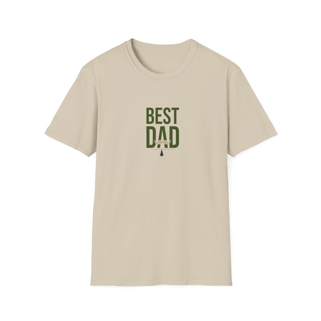 Cream men’s T-shirt with centered green “BEST DAD” text graphic