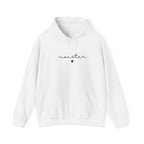 White pullover hoodie with drawstring hood and small monster graphic on chest