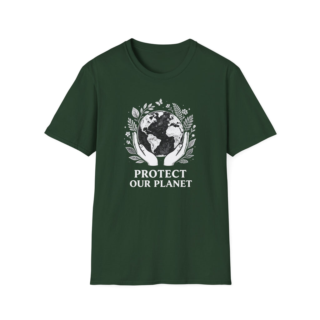 Forest green T-shirt with globe laurel graphic and 'PROTECT OUR PLANET'