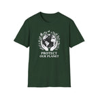Forest green T-shirt with globe laurel graphic and 'PROTECT OUR PLANET'
