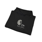 Black lion graphic hoodie, folded view with drawstring hood and “stay humble” front print