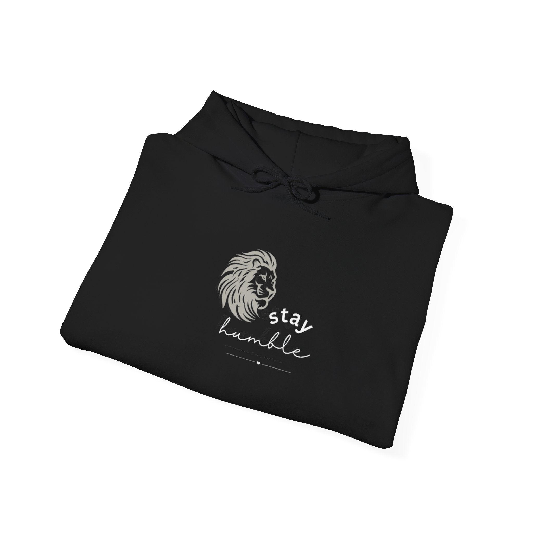 Black lion graphic hoodie, folded view with drawstring hood and “stay humble” front print