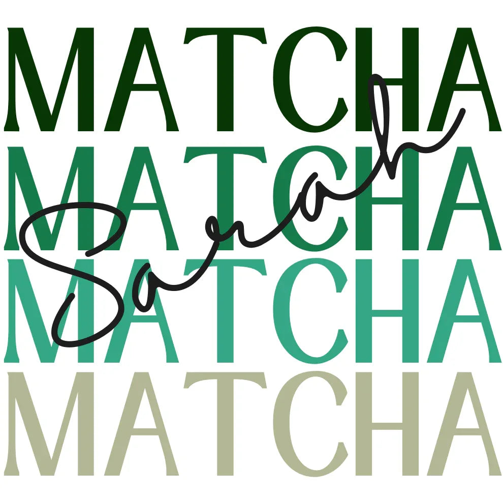 Green ceramic mug design with repeating MATCHA text in black and pale green.