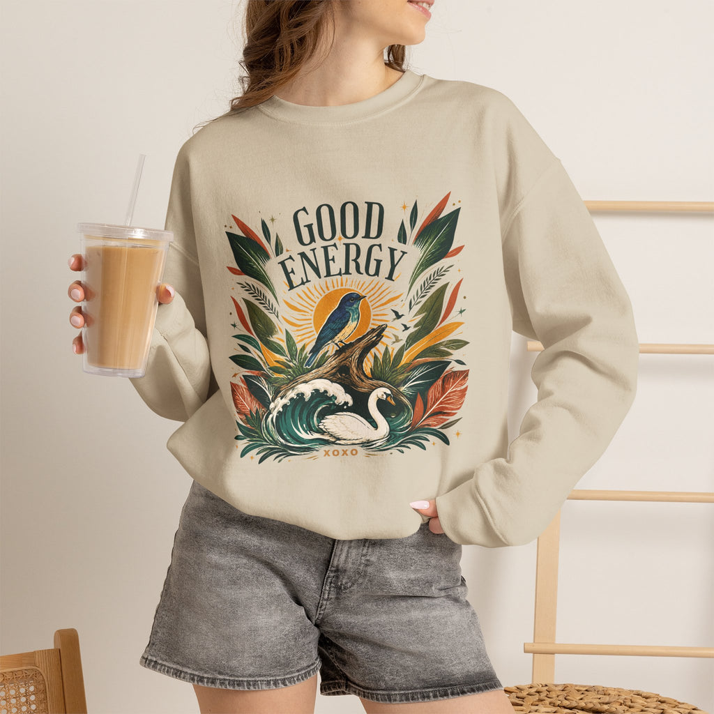 Beige unisex sweatshirt with botanical “Good Energy” front graphic