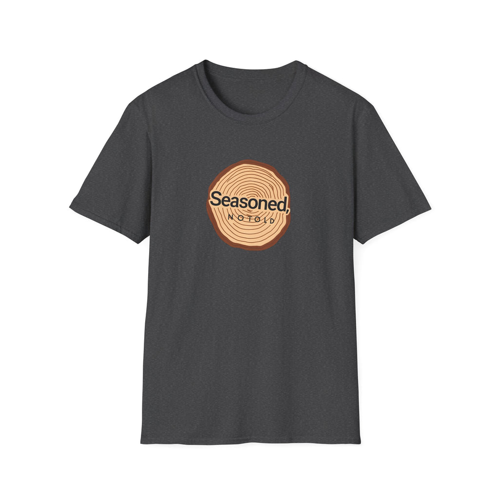 Dark gray crew-neck T-shirt with circular tree-ring badge graphic reading 'Seasoned'