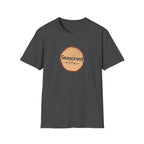 Dark gray crew-neck T-shirt with circular tree-ring badge graphic reading 'Seasoned'