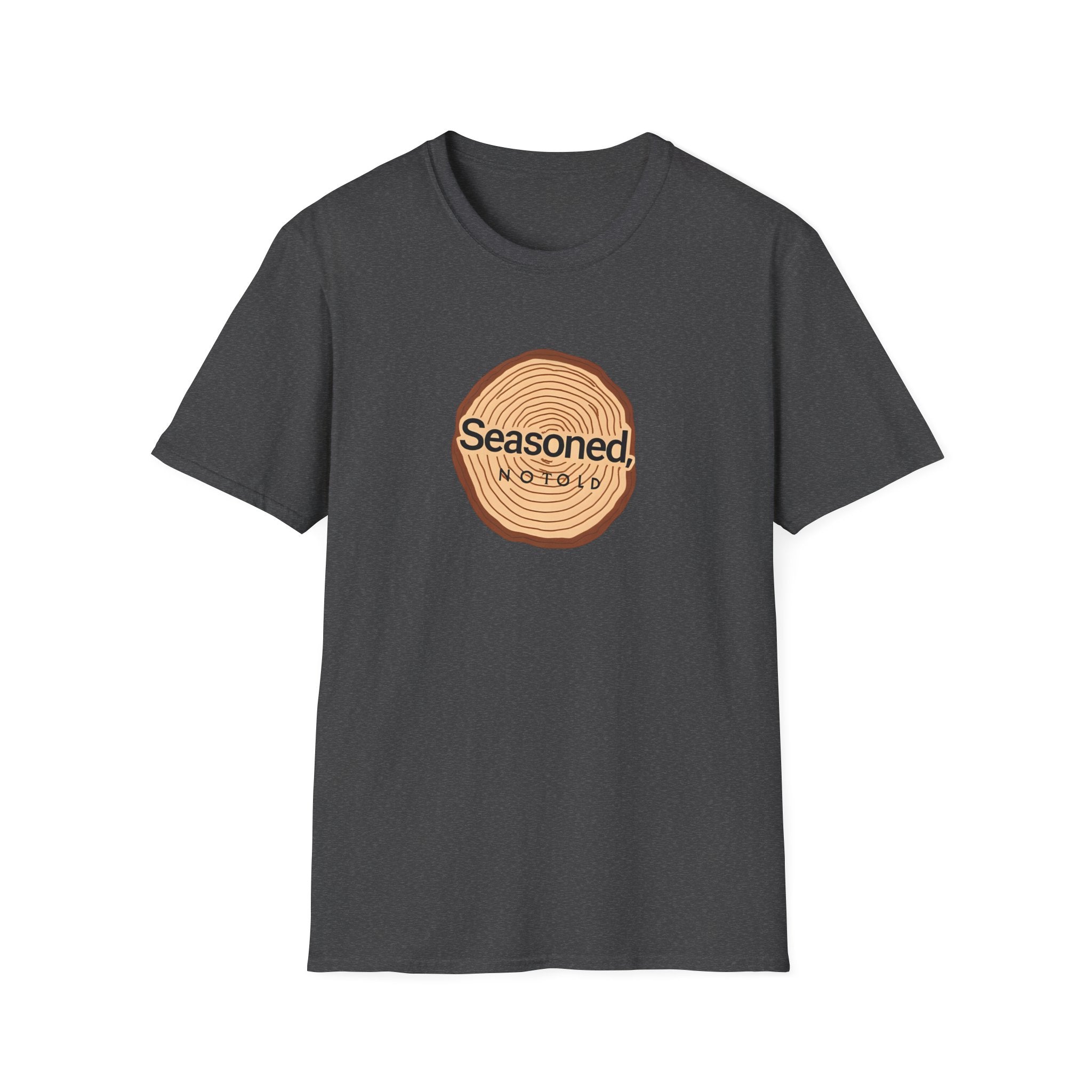Dark gray crew-neck T-shirt with circular tree-ring badge graphic reading 'Seasoned'