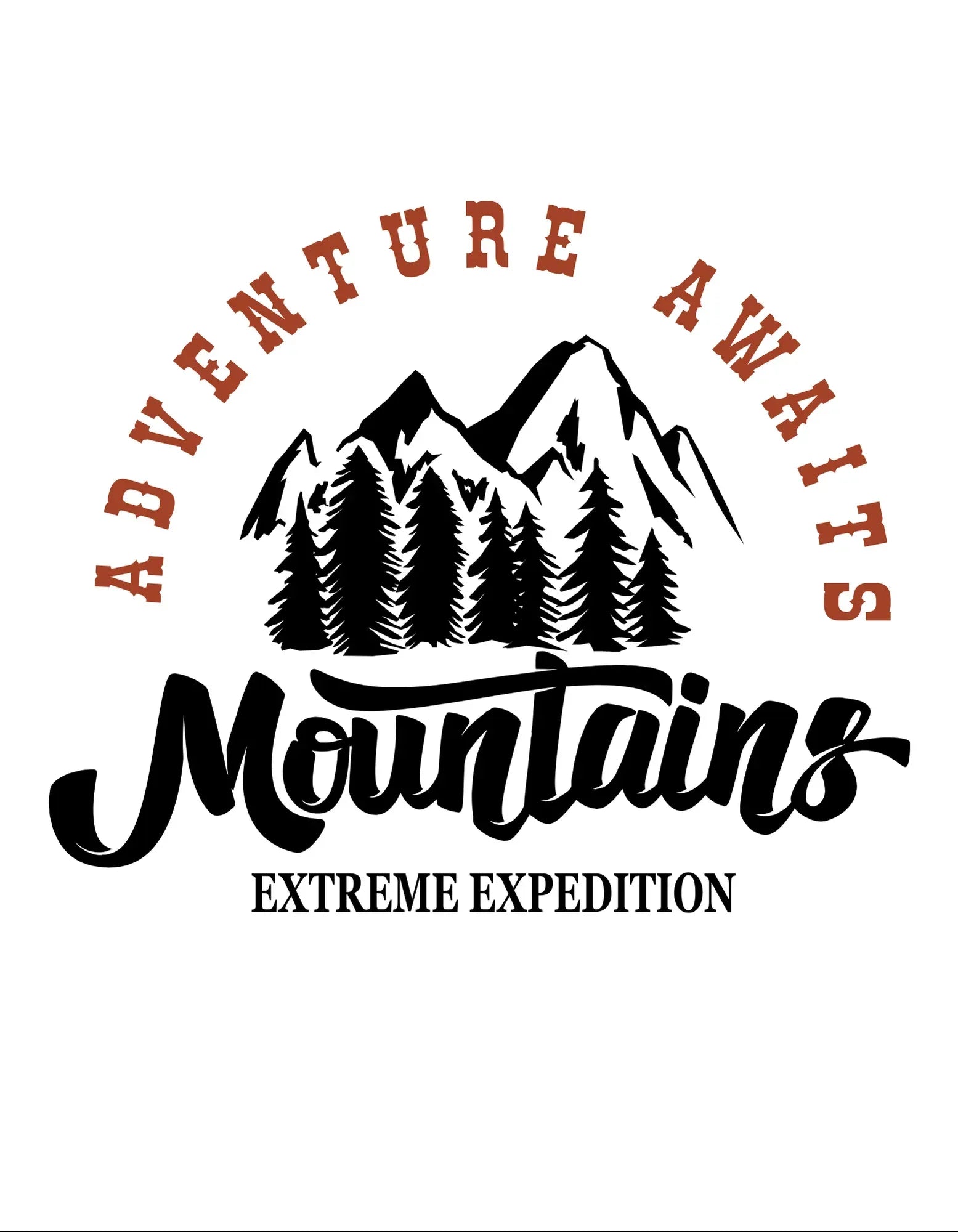 White hoodie graphic: mountain trees logo with Adventure Awaits text