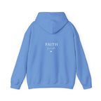 Carolina blue pullover hoodie sweatshirt with hood and "FAITH first" chest print