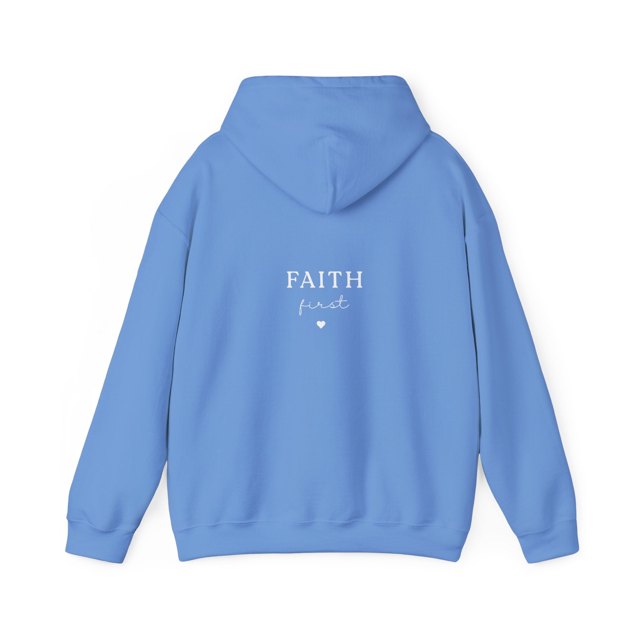 Carolina blue pullover hoodie sweatshirt with hood and "FAITH first" chest print