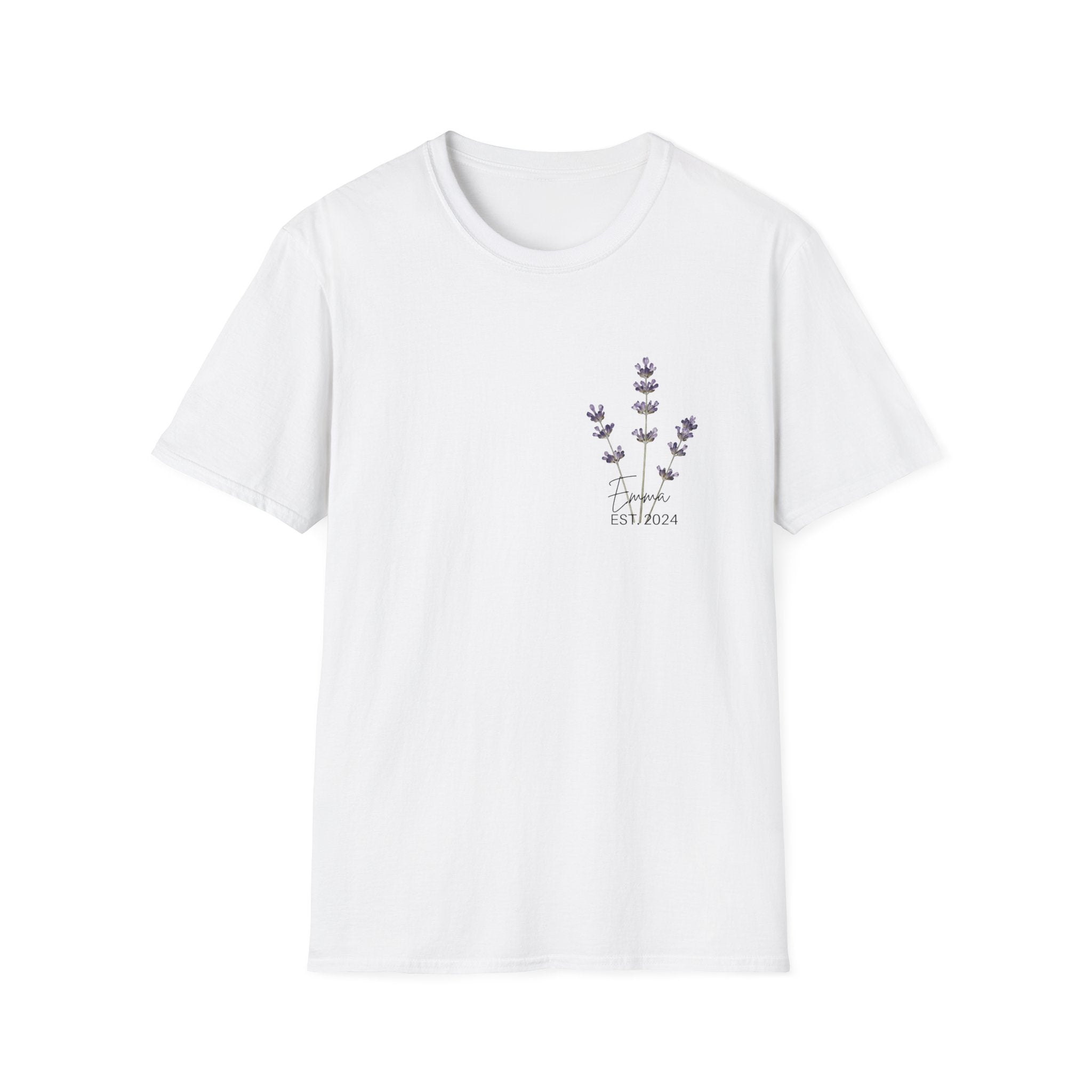 Personalised lavender sprig t-shirt in white — flat lay with dried lavender and linen, custom name gift for her