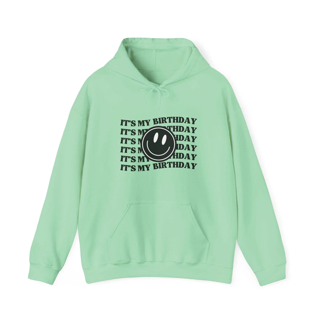 Mint green birthday hooded sweatshirt with front graphic text and smiley