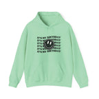 Mint green birthday hooded sweatshirt with front graphic text and smiley