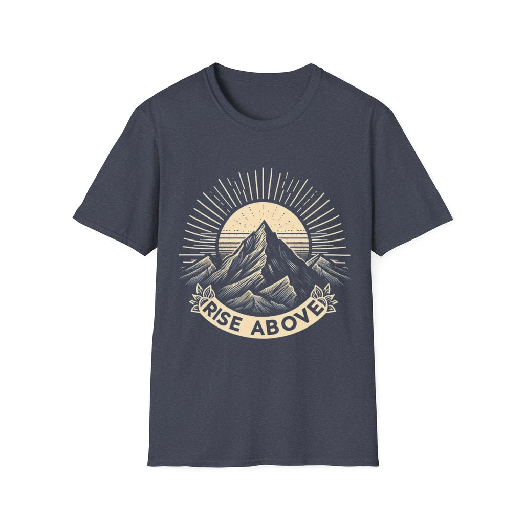 Charcoal short-sleeve T-shirt with mountain sunrise “RISE ABOVE” graphic