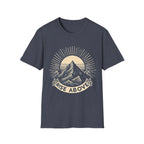 Charcoal short-sleeve T-shirt with mountain sunrise “RISE ABOVE” graphic