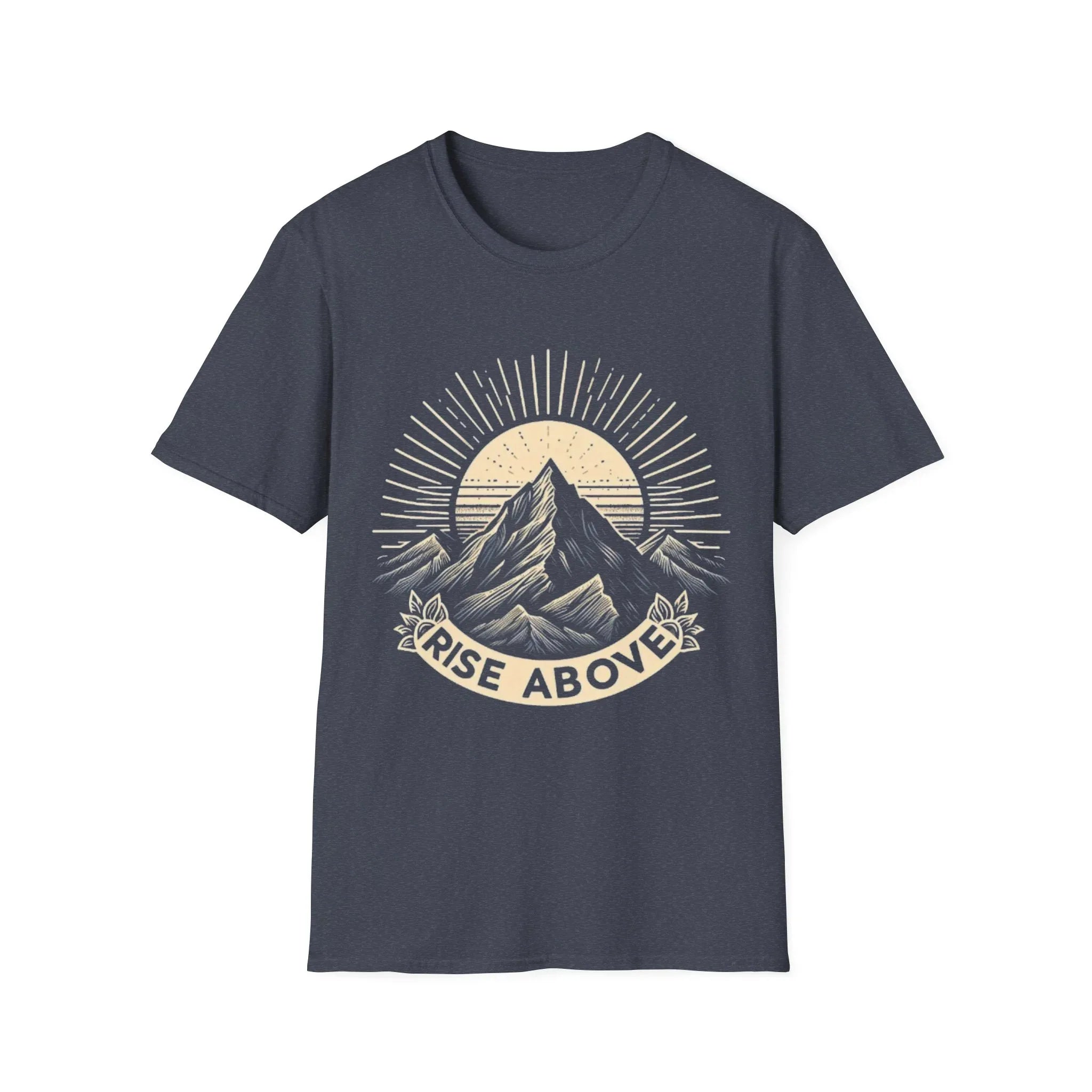Charcoal short-sleeve T-shirt with mountain sunrise “RISE ABOVE” graphic