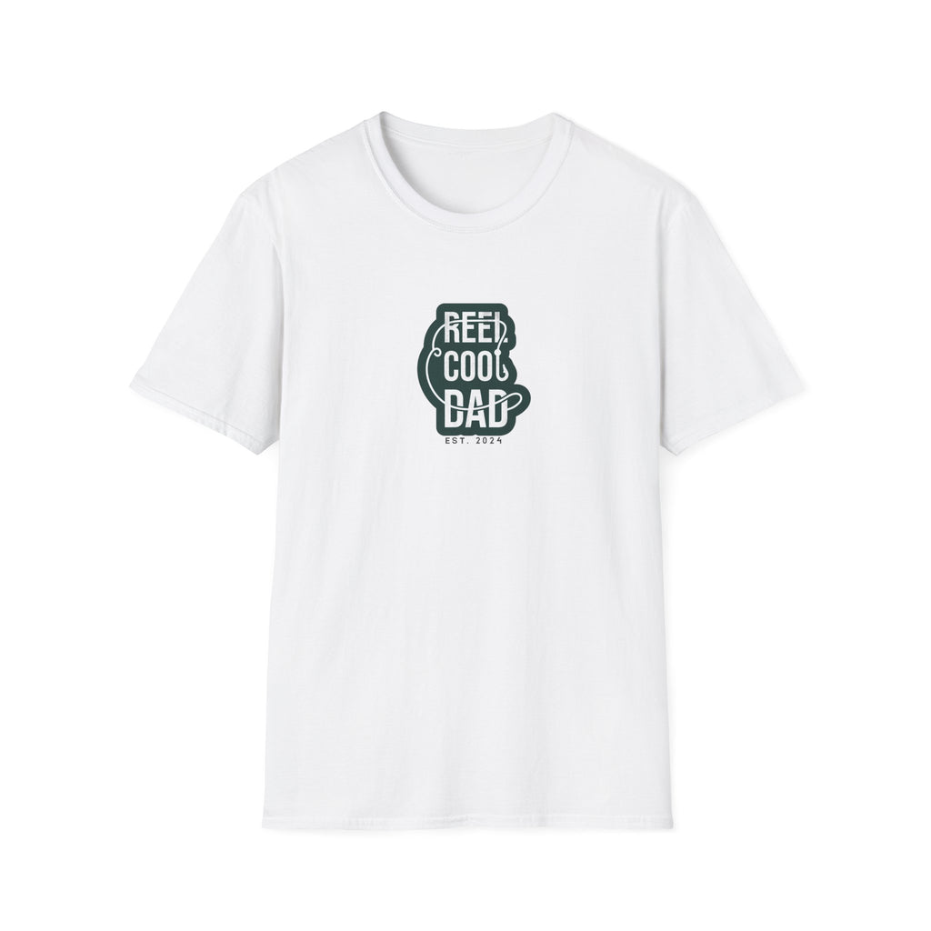 White crewneck graphic T-shirt with green 'REEL COOL DAD' logo, EST 2024
