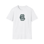 White crewneck graphic T-shirt with green 'REEL COOL DAD' logo, EST 2024